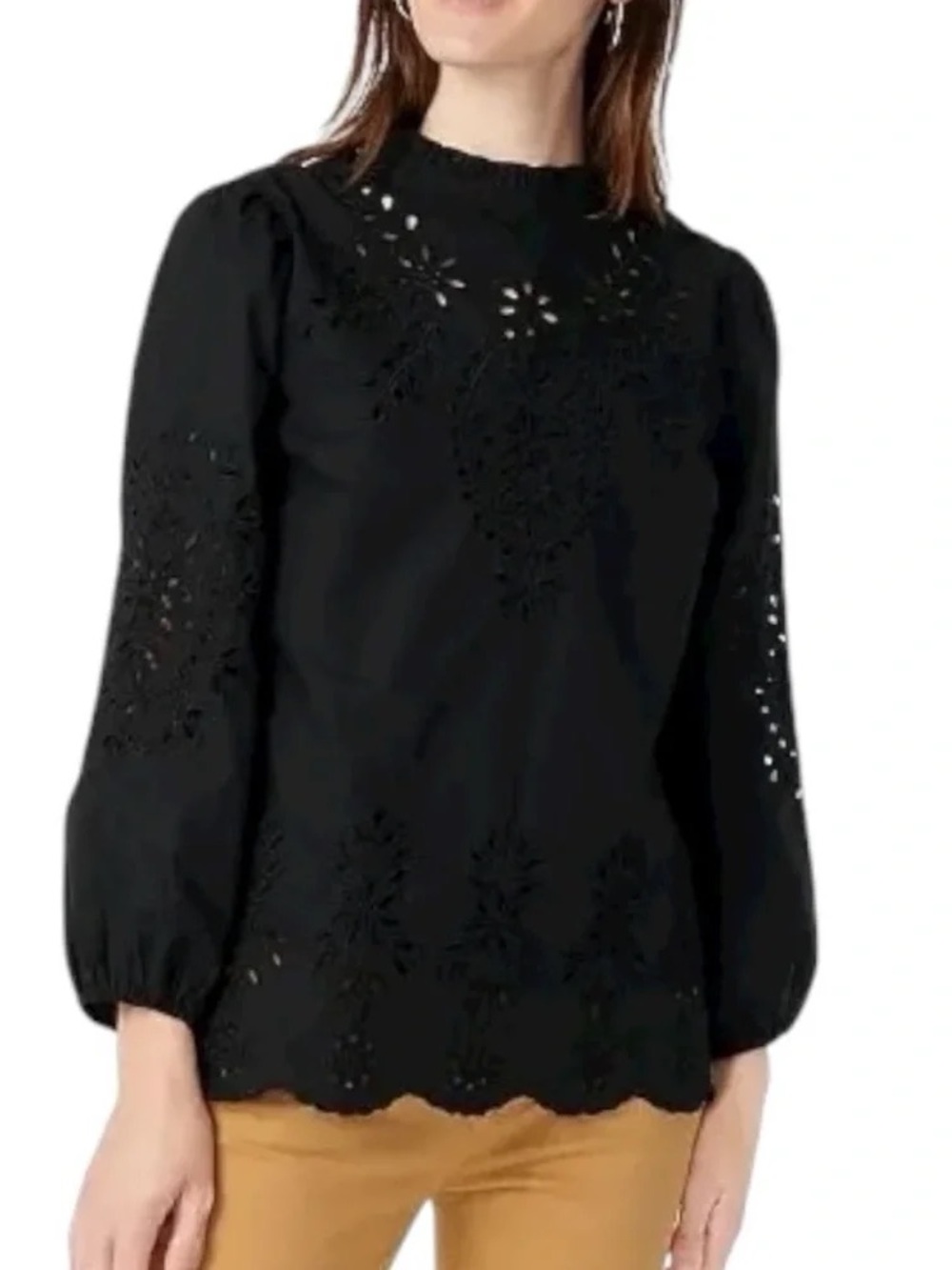 J Crew Black Eyelet Long-Sleeve Women's Top